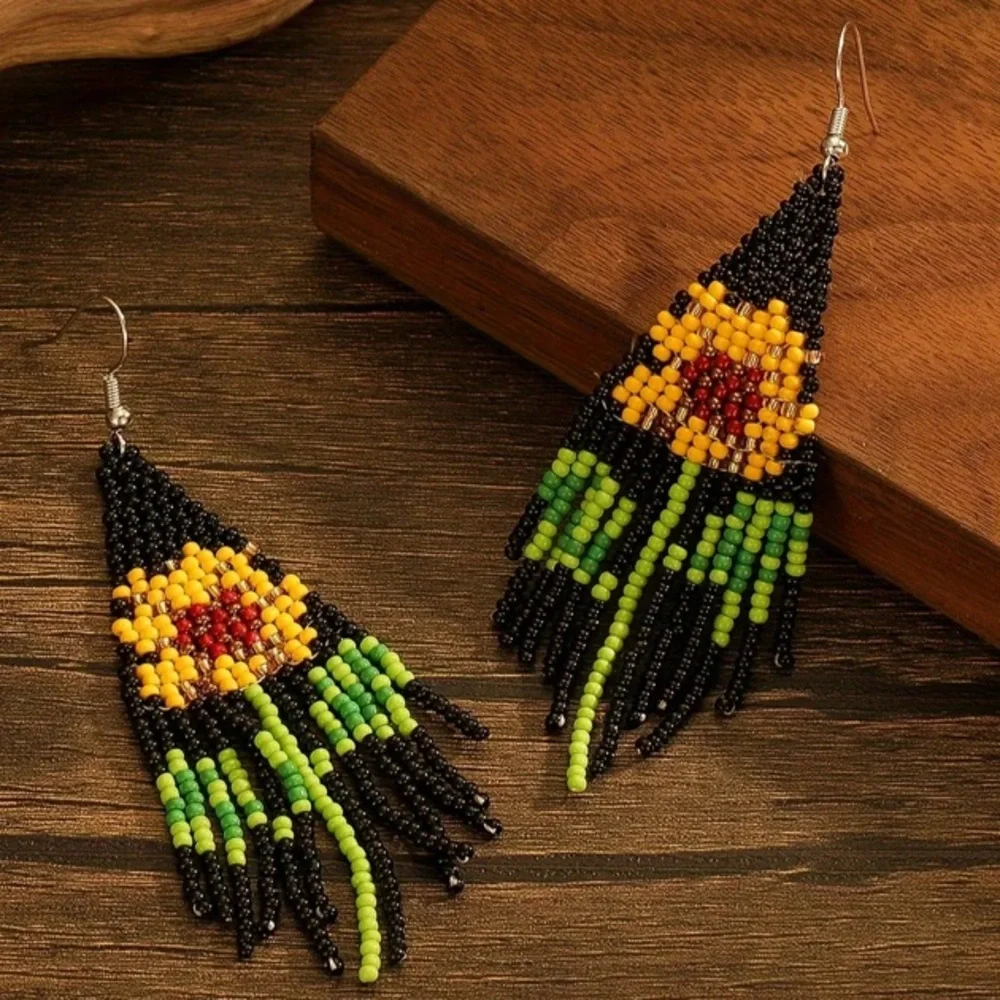 Boho Sunflower Seed Bead Tassel Earrings